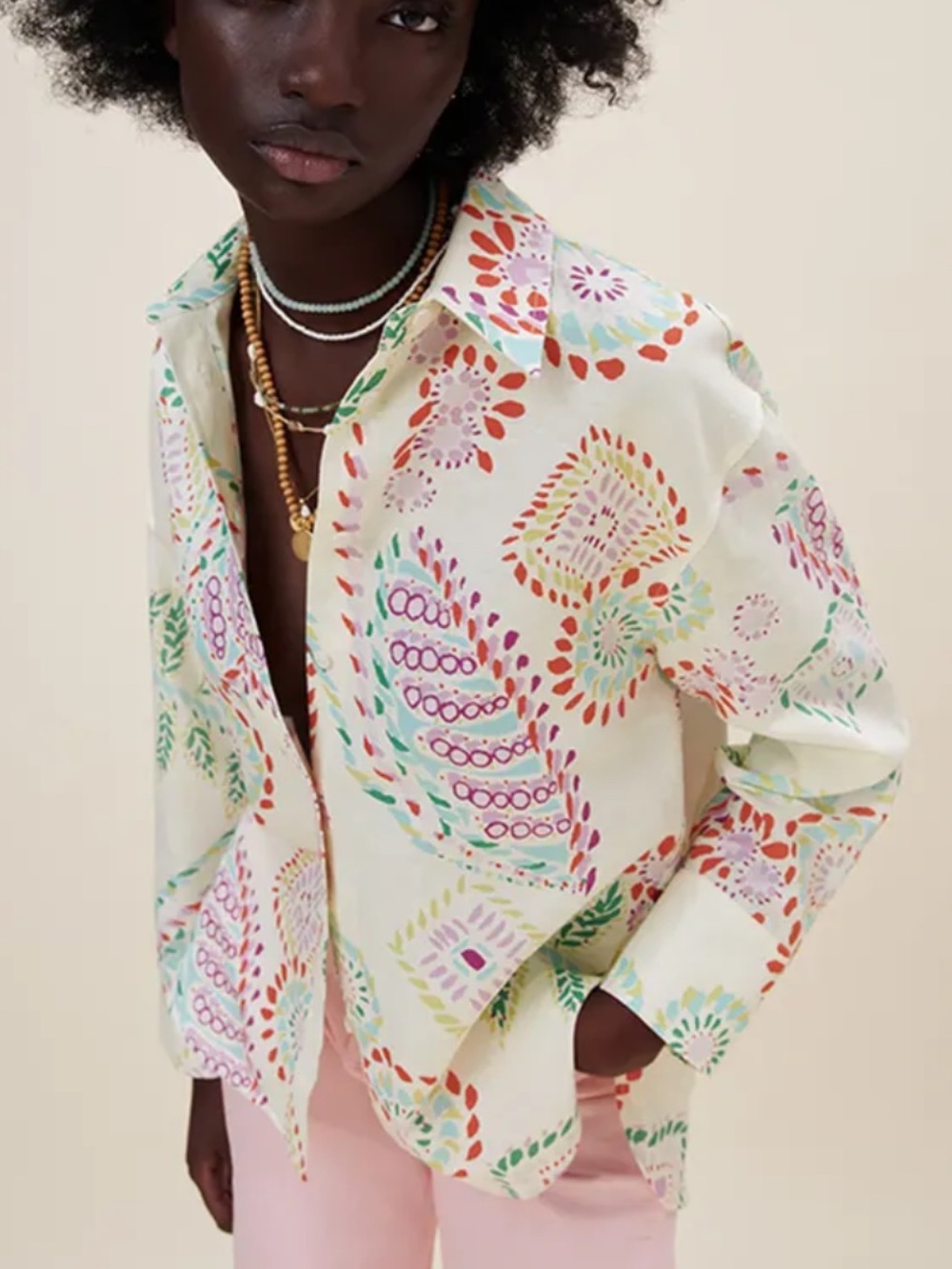 Zara Cream Button-Up linen blend top with Multicolor Folk Print